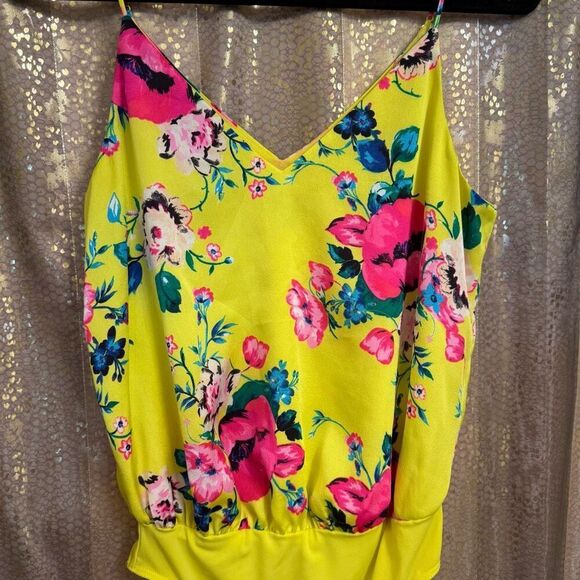 Express Bright Yellow Hot Pink Floral Summer Tank Top Bodysuit Small - Picture 3 of 8